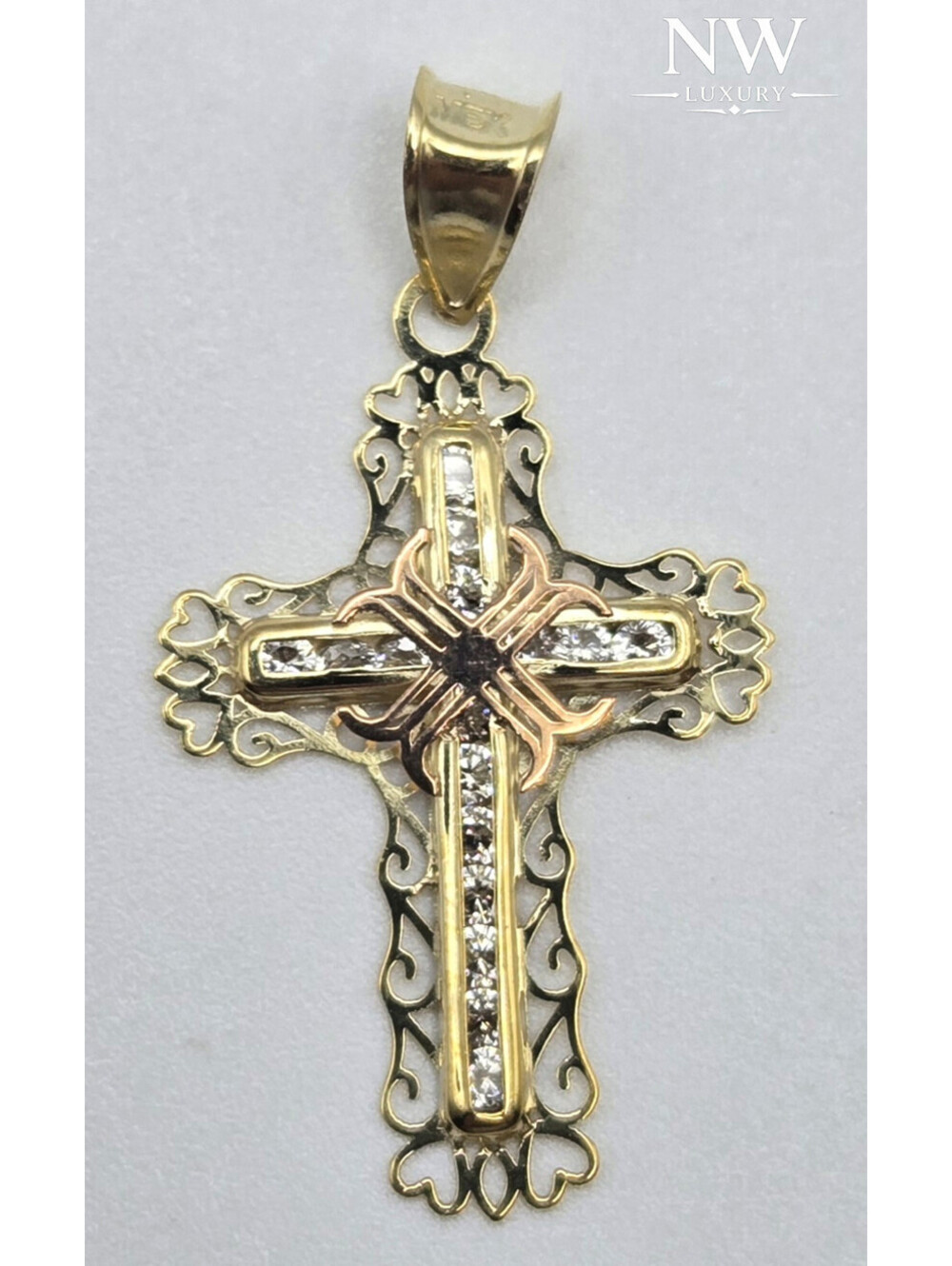 NEW Real 10K Yellow Gold 1in Cross Pendant, Pave CZ Stones, 3.5mm Bail